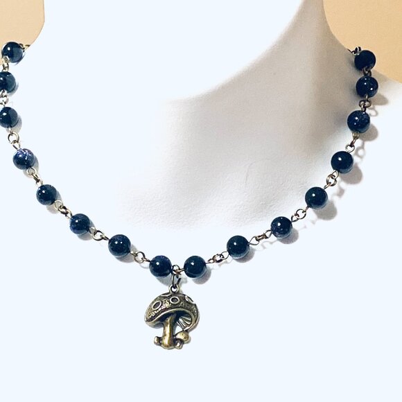 Dark Blue Goldstone Bronze Link Adjustable Short Necklace + Round Mushroom Charm - Picture 2 of 15